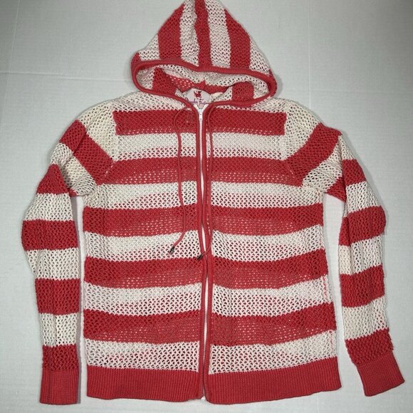 Quacker Factory Women Hooded Zip Swimsuit Beach Cover Up Striped Pink White Sz M - Picture 3 of 5